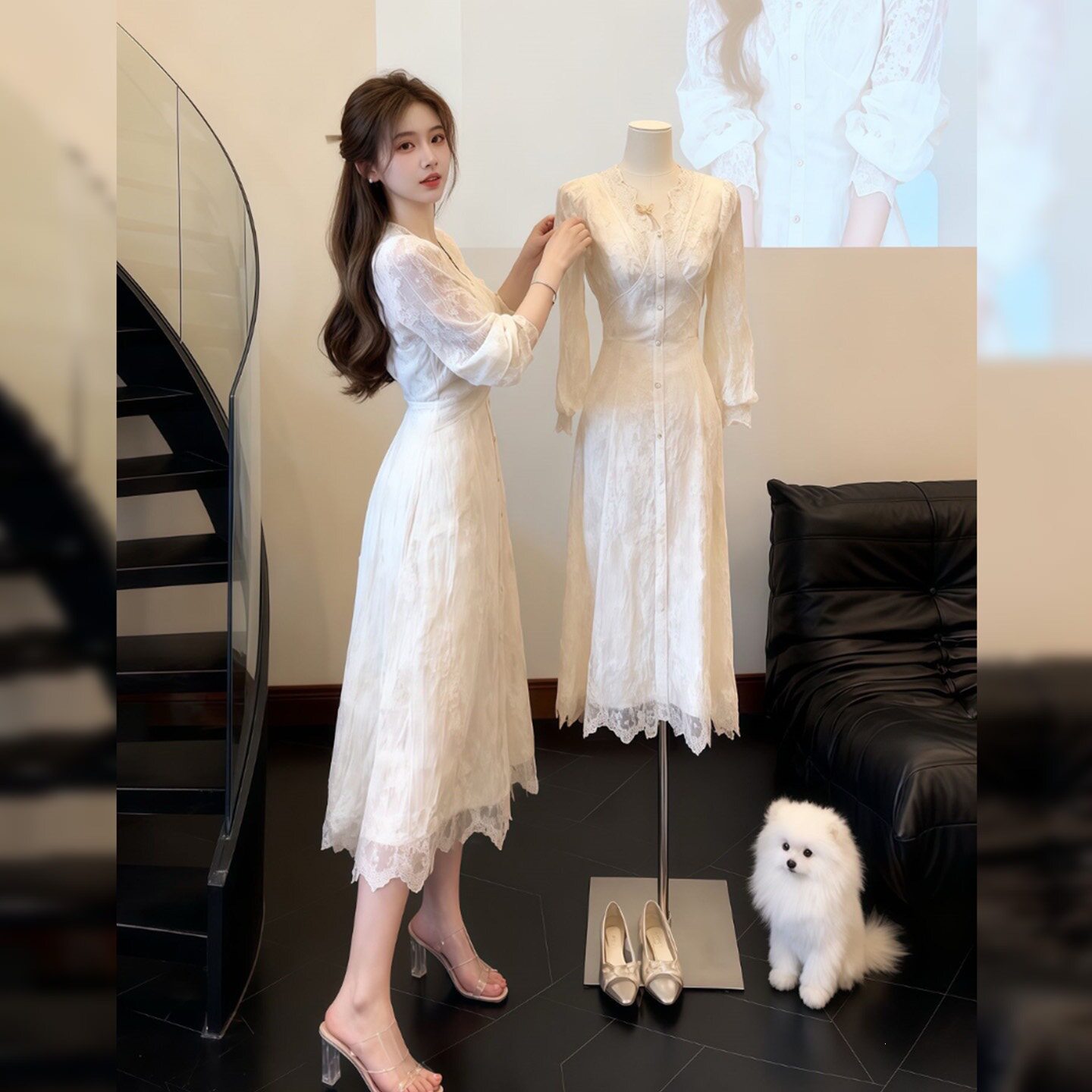 法式v领蕾丝长袖连衣裙女