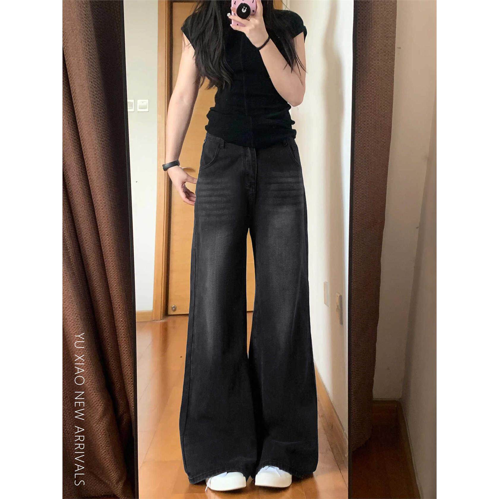 黑灰色阔腿牛仔裤女春季