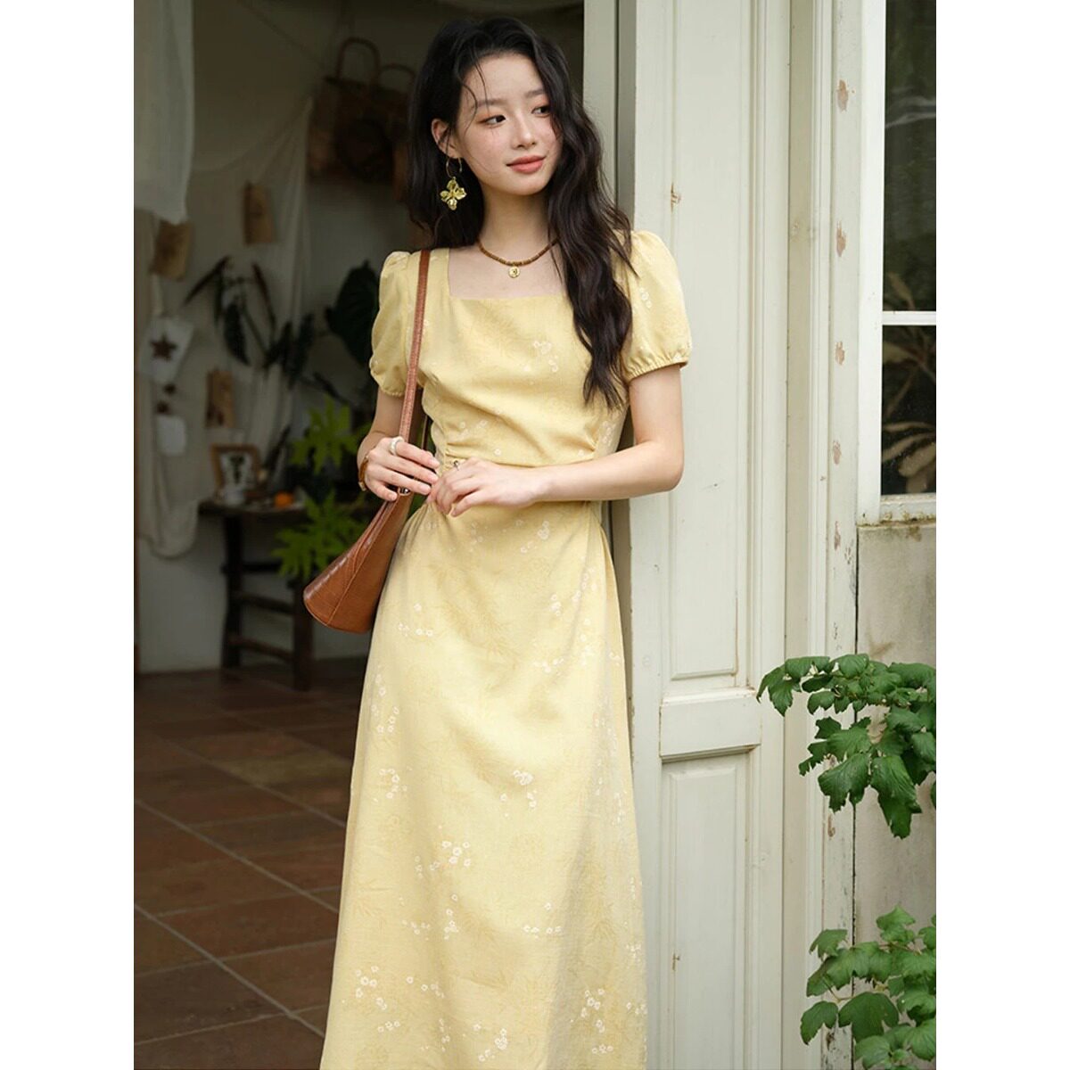 竹叶提花国风碎花连衣裙女2026夏季泡泡袖显瘦高级感凉快裙子嘻哈