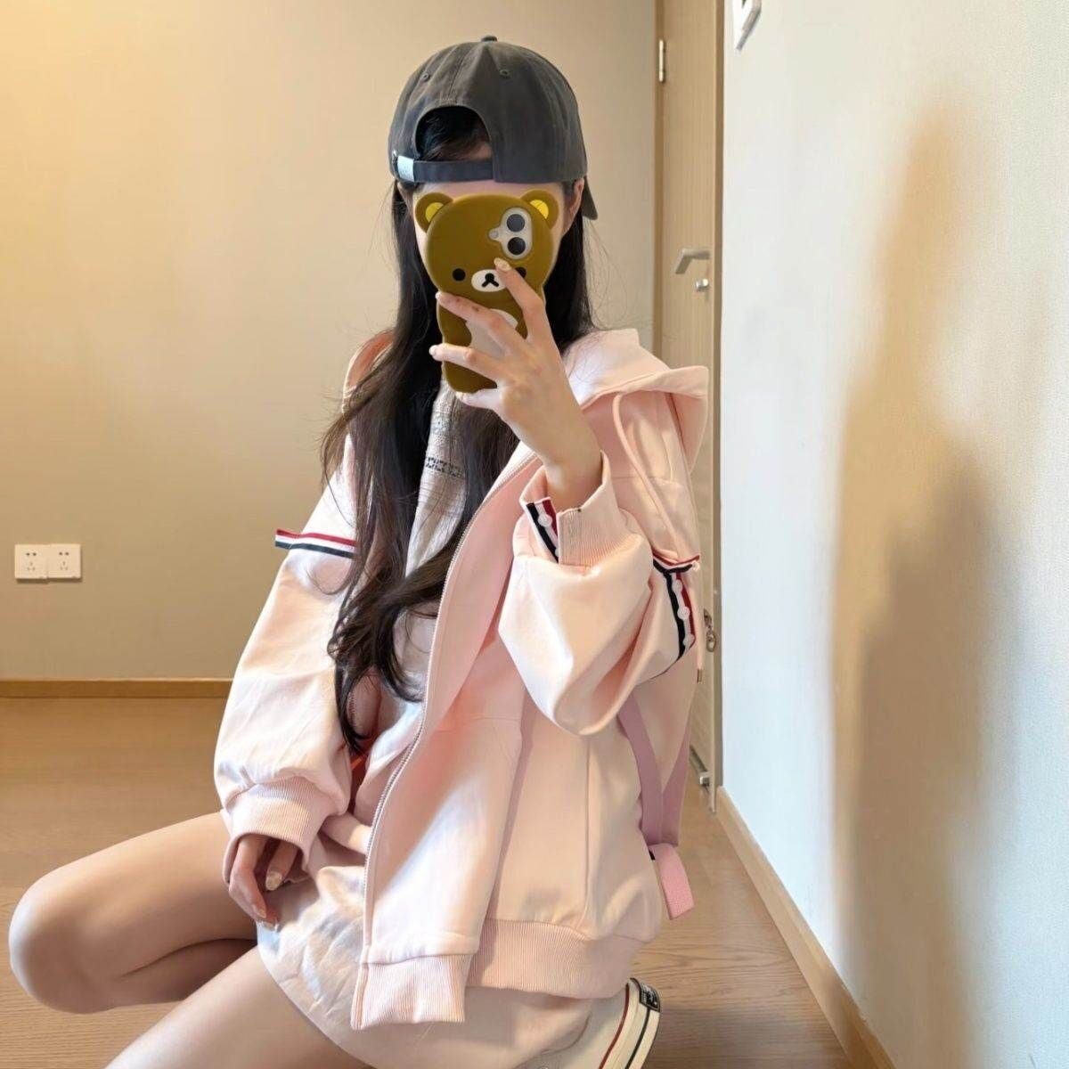少女韩系三色织带嫩粉色上衣春秋垂感柔软连帽拉链宽松卫衣外套潮