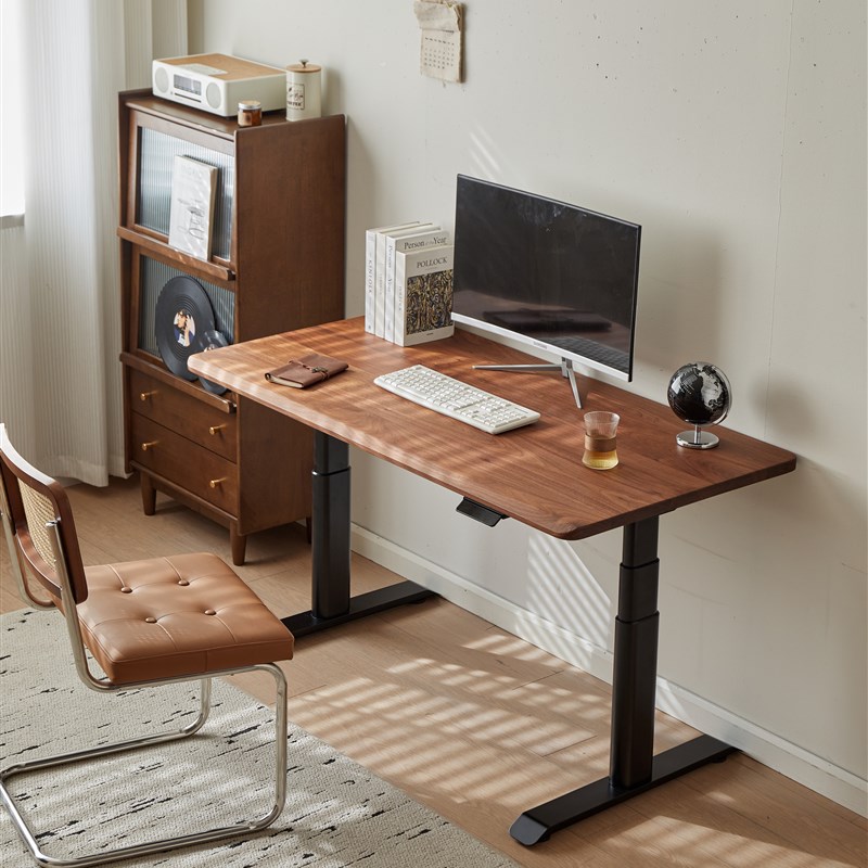黑胡桃木电动升降桌家用实木书桌台式电脑桌工作台办公桌支持定制