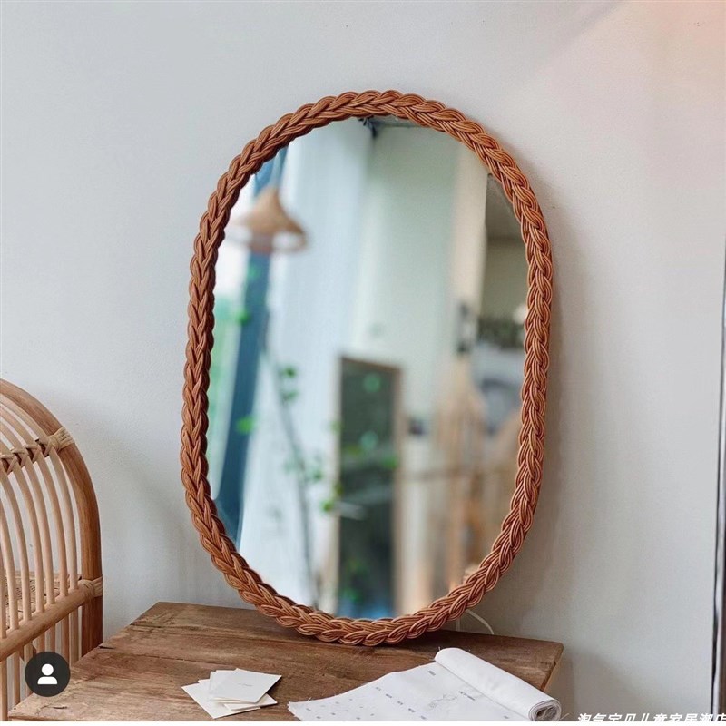 韩风简约藤编复古镜子化妆台装饰镜子挂式原木墙镜壁挂加厚壁挂