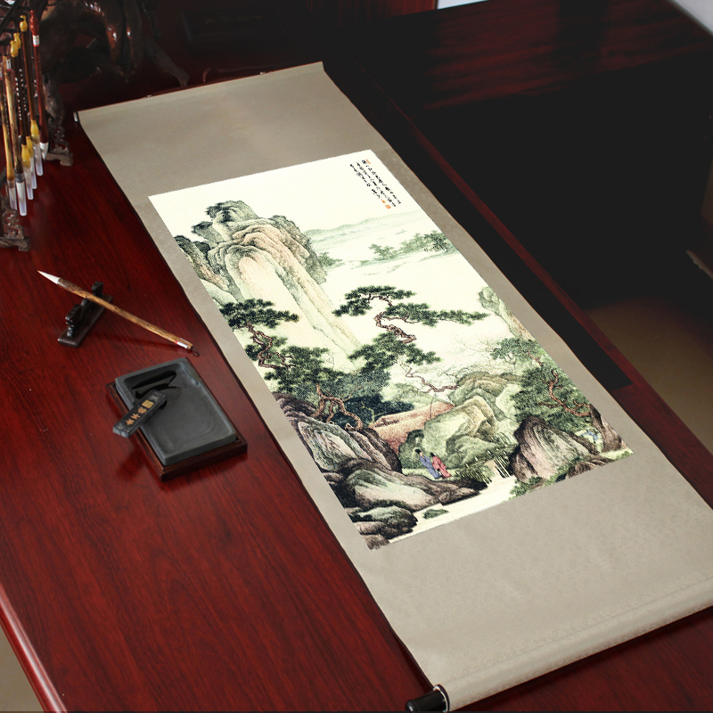 丝绸卷轴画唐伯虎国画山水画古代名画办公室客厅竖版复古装饰挂画