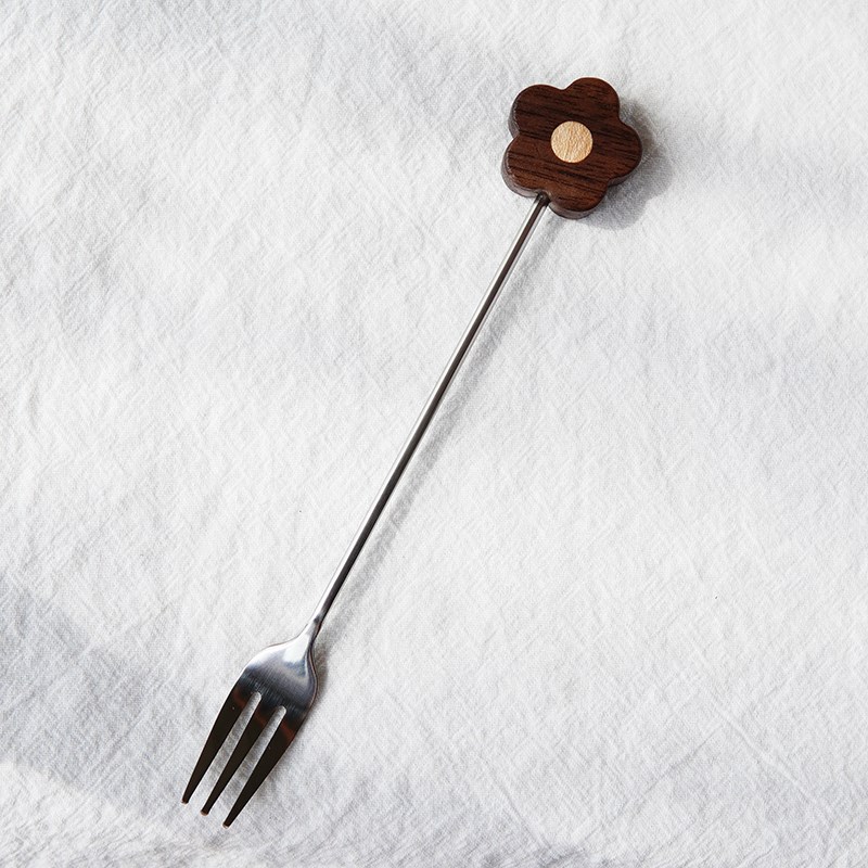 木头恰恰甜品勺叉手作实木叉勺子咖啡勺创意可爱水果叉304不锈钢