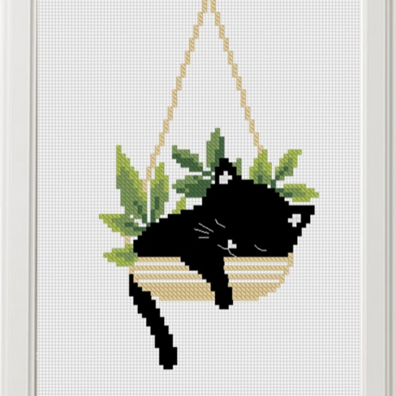 DMC十字绣材料包装饰画 A658吊盆黑猫 14CT印花动物系列简单小图