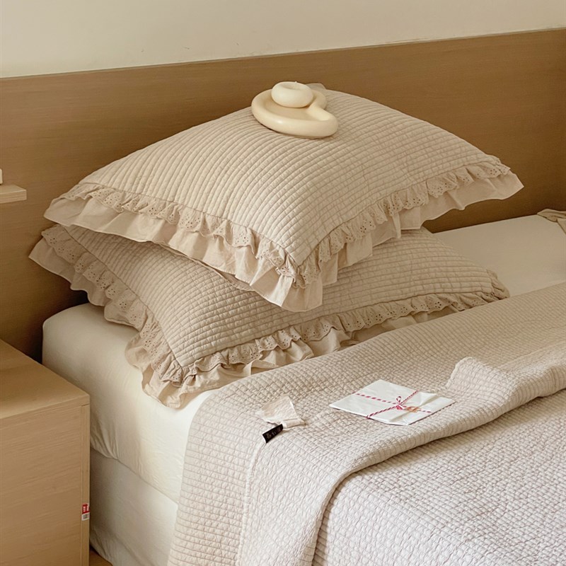 双层花边韩国酵素砂洗80支全棉枕套超柔纯棉绗缝夹棉荷叶边48x74