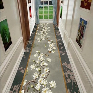 国风走廊过道阳台长条地垫PVC一抹净新中式花鸟山水画氛围地毯垫