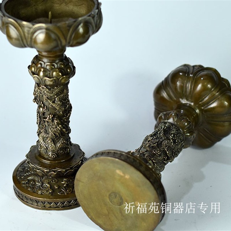 纯铜蜡台大号龙蜡台金黄色蜡台仿古做旧家用复古蜡烛台黄铜包邮