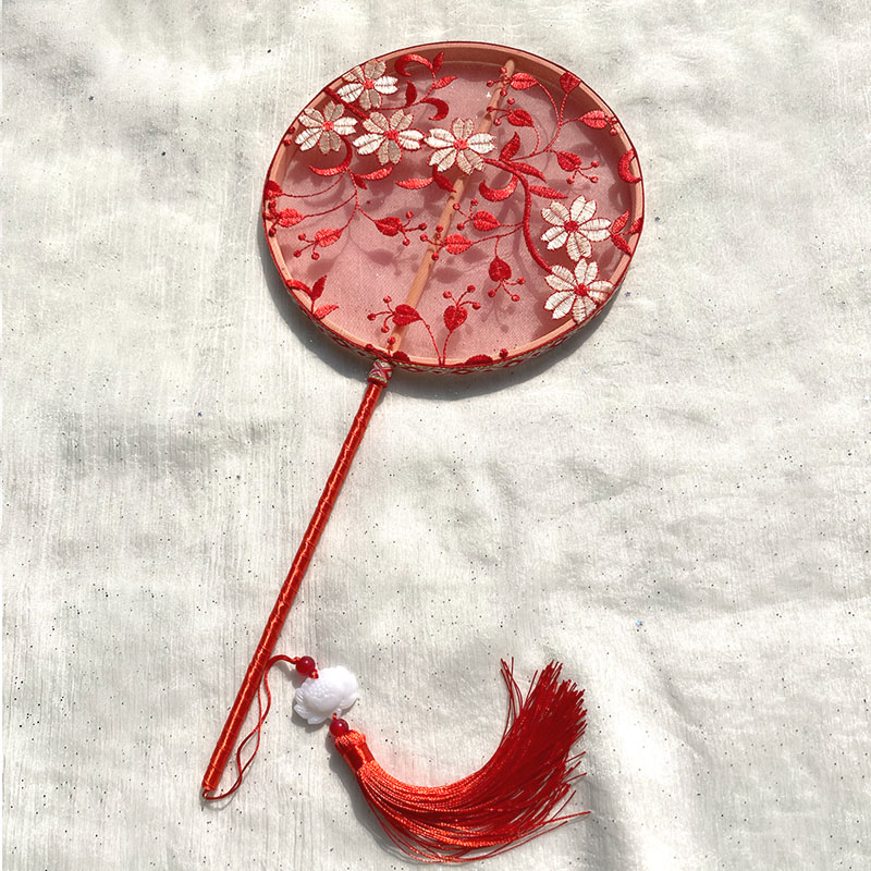 舞蹈道具扇表演演出古风长柄流苏团扇双面汉服扇子红色秀禾喜扇