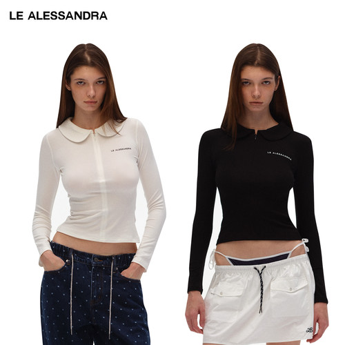 品牌直营 LE ALESSANDRA 青果领拉链修身长袖T恤针织内搭