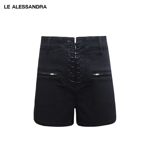 品牌直营 LE ALESSANDRA交叉绑带腰头黑色弹力牛仔短裤热裤防走光