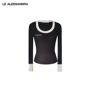品牌直营 LE ALESSANDRA 黑白赫本大汤勺领撞色长袖高弹T打底内搭