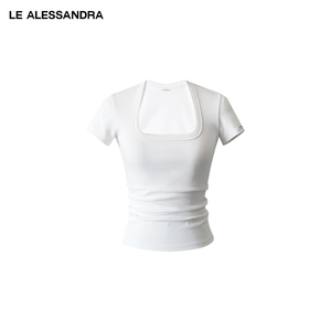 品牌直营LE ALESSANDRA新款袖标方领褶皱柔滑棉质面料显瘦上衣T恤