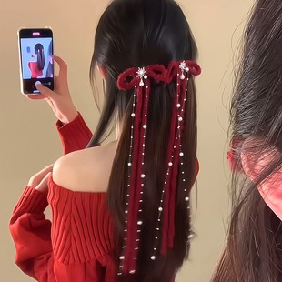 新年氛围感红色雪花珍珠发夹女冬季毛绒蝴蝶结长飘带鸭嘴夹子发饰