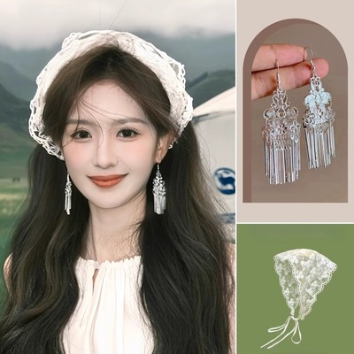 2025新款白色蕾丝头巾三角巾女海边旅游发箍发巾田园风发带头饰品