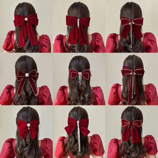 红色蝴蝶结头饰发夹女新娘结婚敬酒服订婚晚礼发卡2026年新款夹子