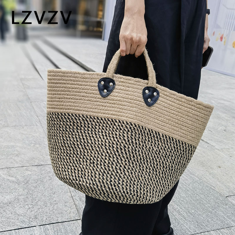 LZVZV麻绳撞色托特包手提编织包