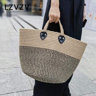 LZVZV麻绳撞色托特包手提编织包