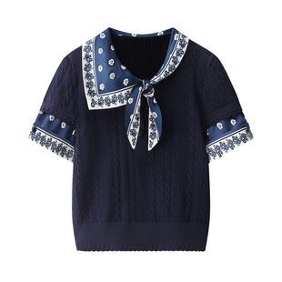 姆T恤小上衣26C51ZB167 拉菲珠饰印花丝巾飞针织短袖 2026春季 新款