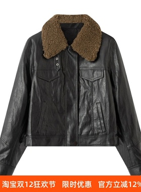 ariosec艾诺丝女神官方旗舰店2025冬新款毛领皮衣短外套AR104112