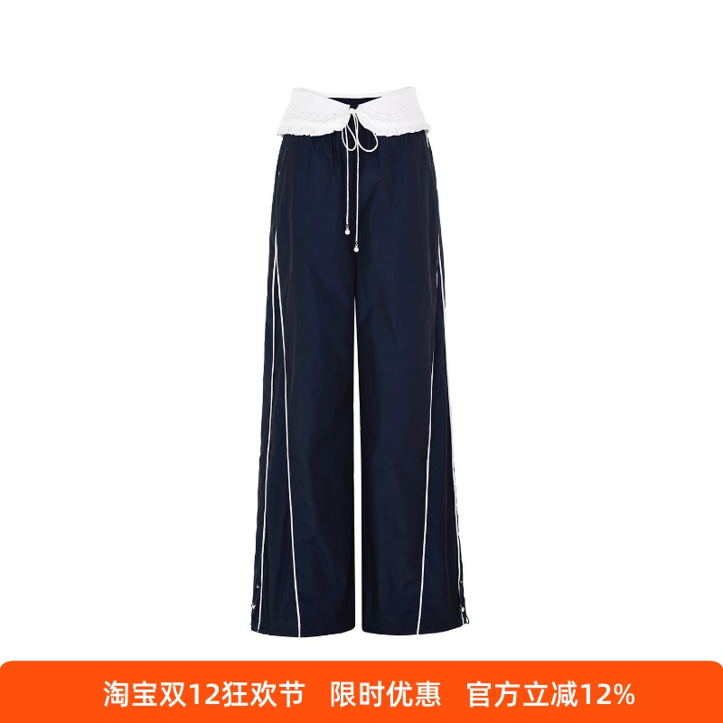 藏蓝色活动腰封刺绣宽松休闲长裤