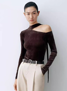 2026春新款修身显瘦轻熟风斜领丝绒针织衫打底衫女BR601134