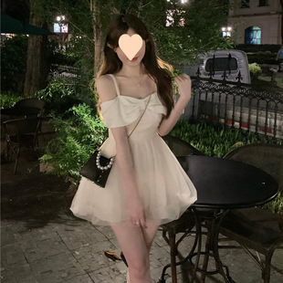 新款 甜美公主风蝴蝶结吊带连衣裙夏季 网纱拼接气质露肩显瘦蓬蓬裙