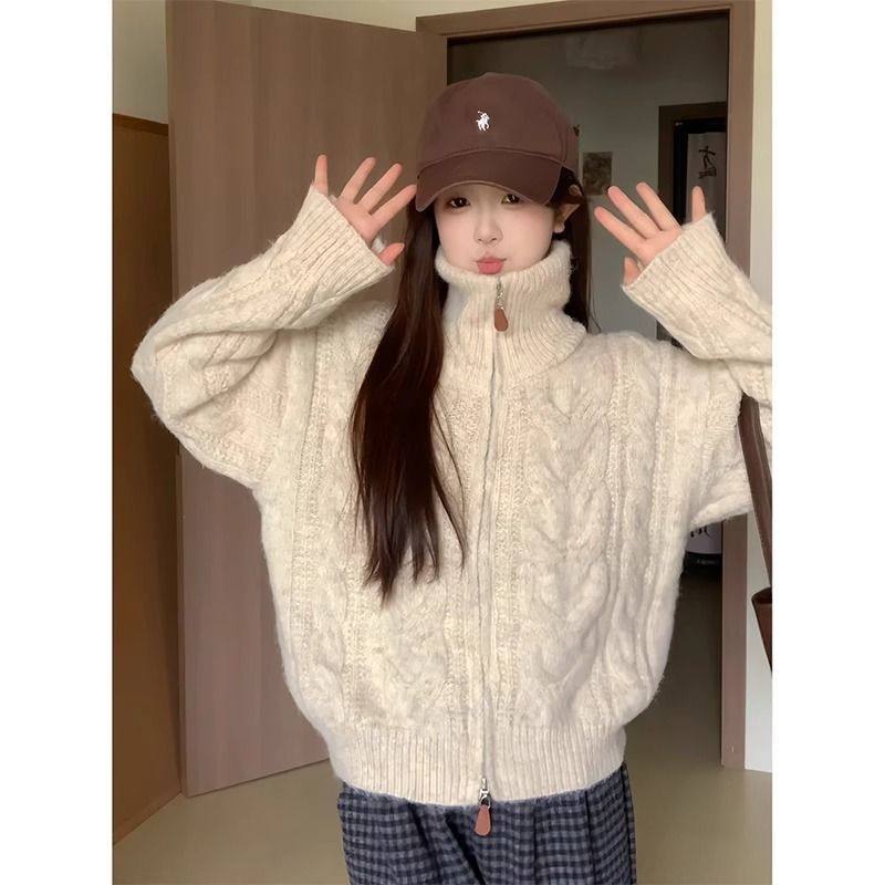 高领麻花拉链开衫毛衣女款2025新款秋冬季加厚慵懒风立领针织