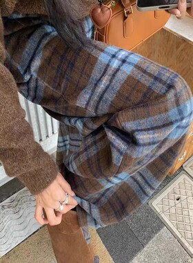 蓝色毛呢格子阔腿裤女秋冬韩版网红高腰直筒裤宽松百搭休闲拖地