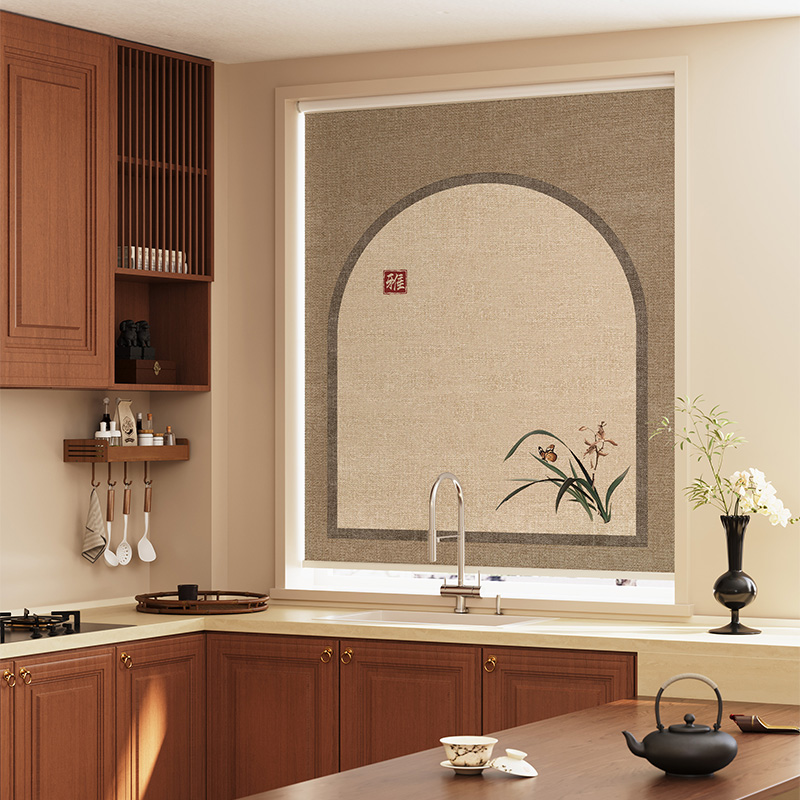 新中式禅意卷帘免打孔厨房窗帘卧室遮光帘卫生间遮挡帘隔热遮阳帘