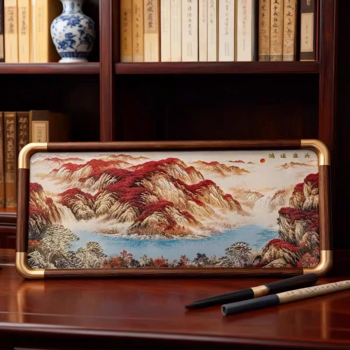 鸿运当头图铜雕画摆台新中式客厅办公室桌面摆件装饰摆画伴手礼画