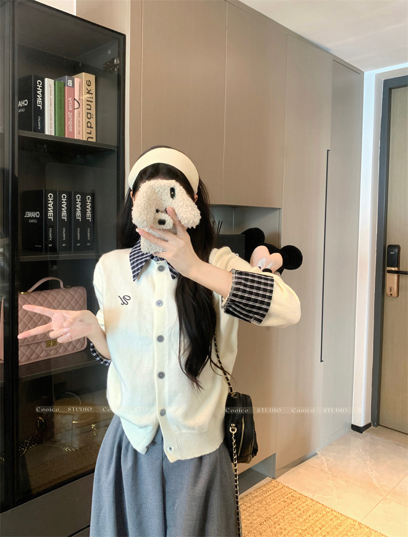 韩系简约穿搭假两件开衫格子拼接刺绣上衣POLO领针织衫软糯日韩系