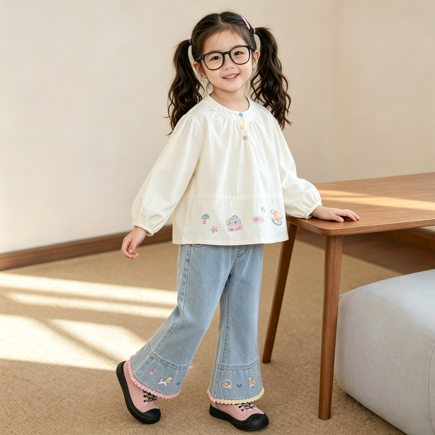 女童长袖衬衫2026早秋穿搭两件套女宝宝上衣牛仔裤套装秋冬时髦装