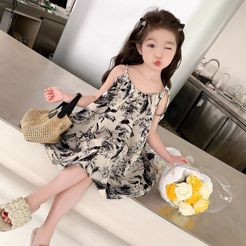 小女孩水墨画吊带裙儿童夏季沙滩裙子女童雪纺连衣裙韩版小童童装