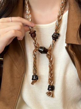 美拉德撞色串珠毛线编织项链女波西米亚民族风配饰秋冬复古毛衣链