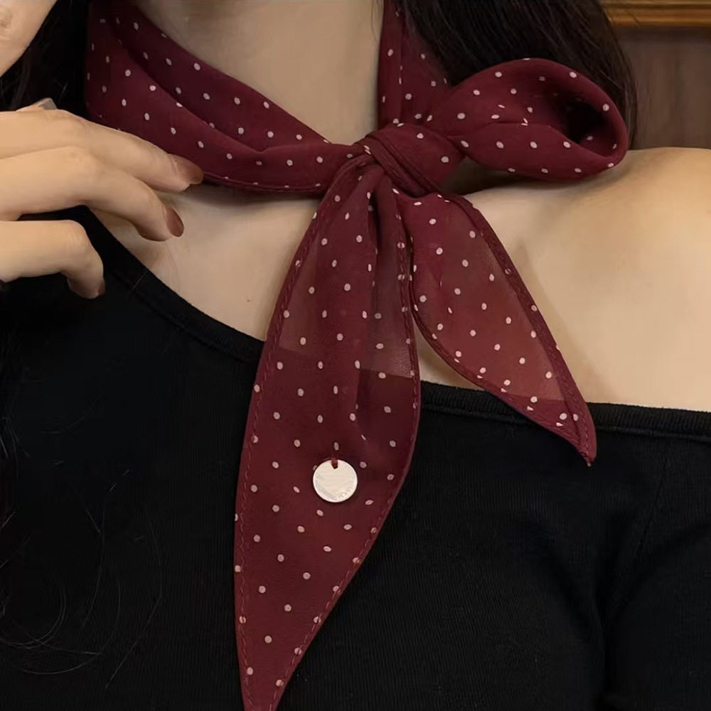 网纱高级感波点纽扣丝巾女复古洋气系脖护颈百搭小丝巾网红发带图片