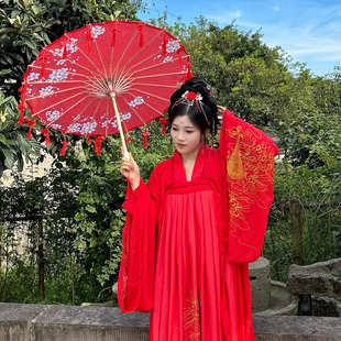 新中式花瓣流苏伞绸布伞拍照汉服道具舞蹈伞古典油纸伞走秀演出伞