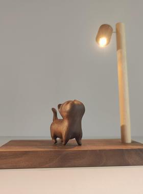 软萌治愈系 实木路灯傲娇猫木制摆件 桌面氛围柜子床头小夜灯礼物
