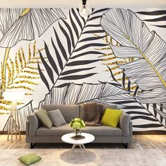 新款北欧现代简约墙纸黑白风格艺术深色金色叶子电视背景墙壁纸壁