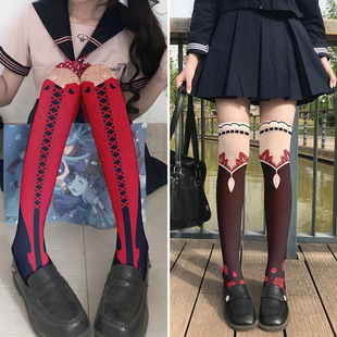 3D个性 素印花欧美风街头潮流搭配长袜创意休闲过膝袜 袜子系带元