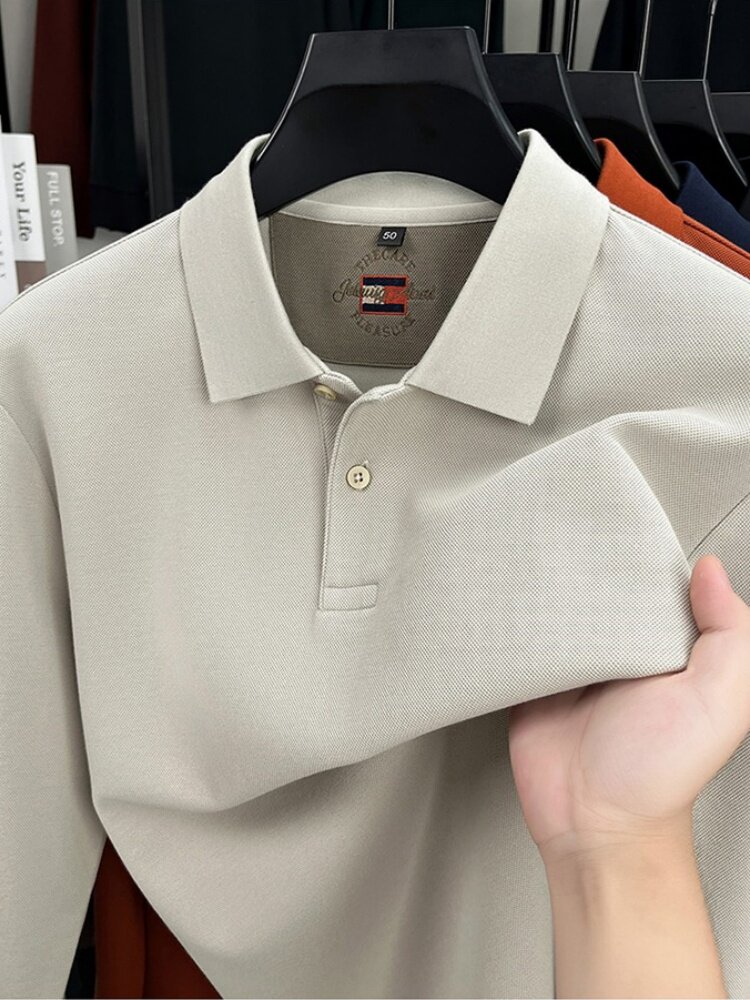 质感贴身舒适！轻奢polo衫男长袖秋季纯色翻领轻商务t恤开叉下摆