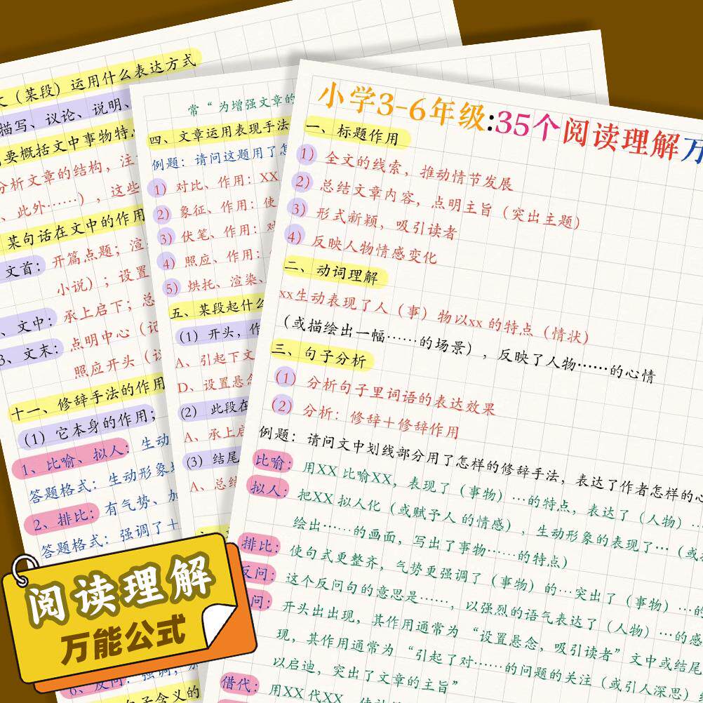 新款小学语文阅读理解通用公式学习卡小学生3-6年级数学英语期末