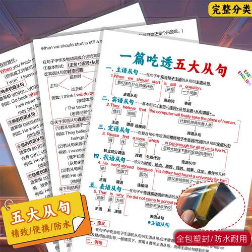 英语一篇吃透五大从句塑封卡