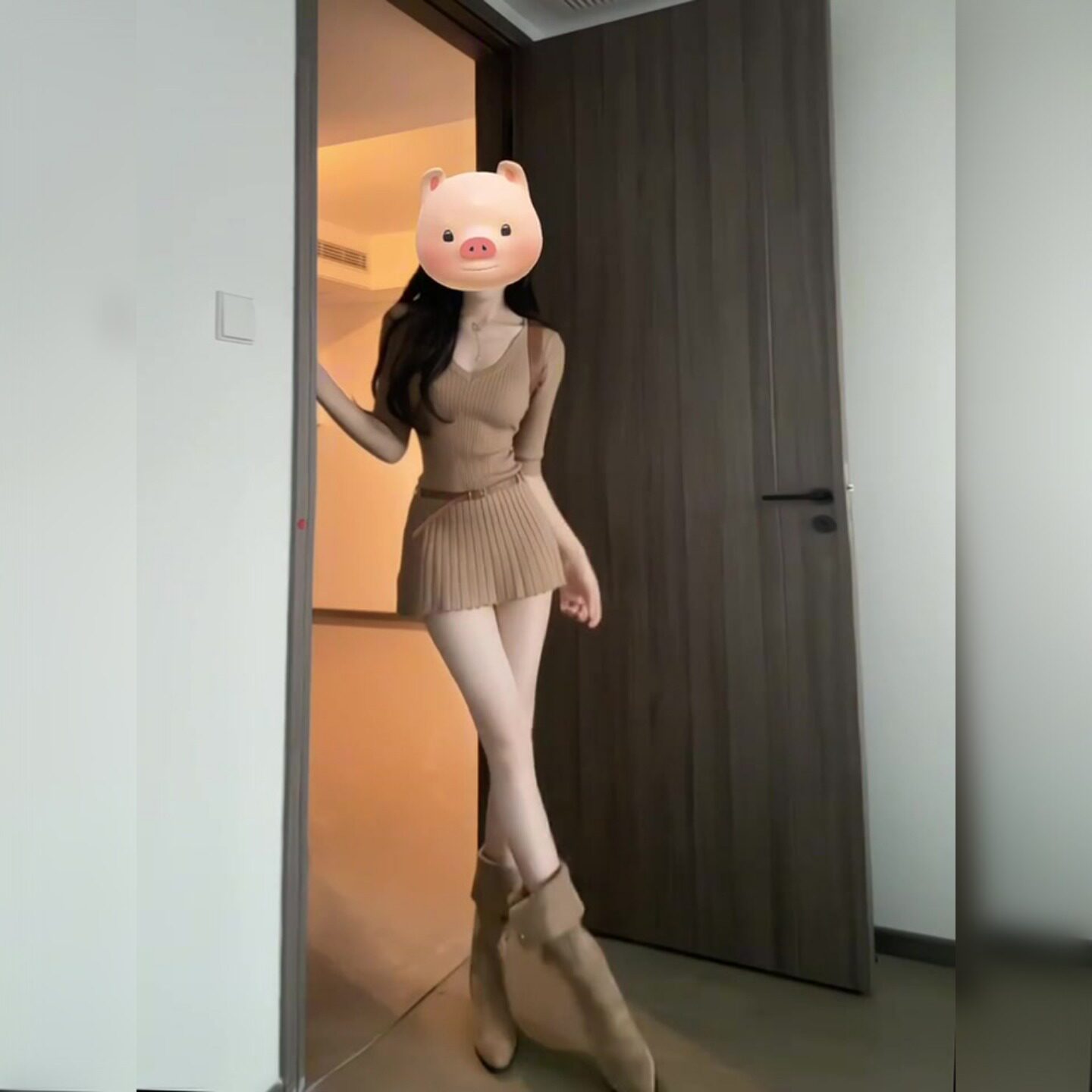 法式小香风V领针织洋装女
