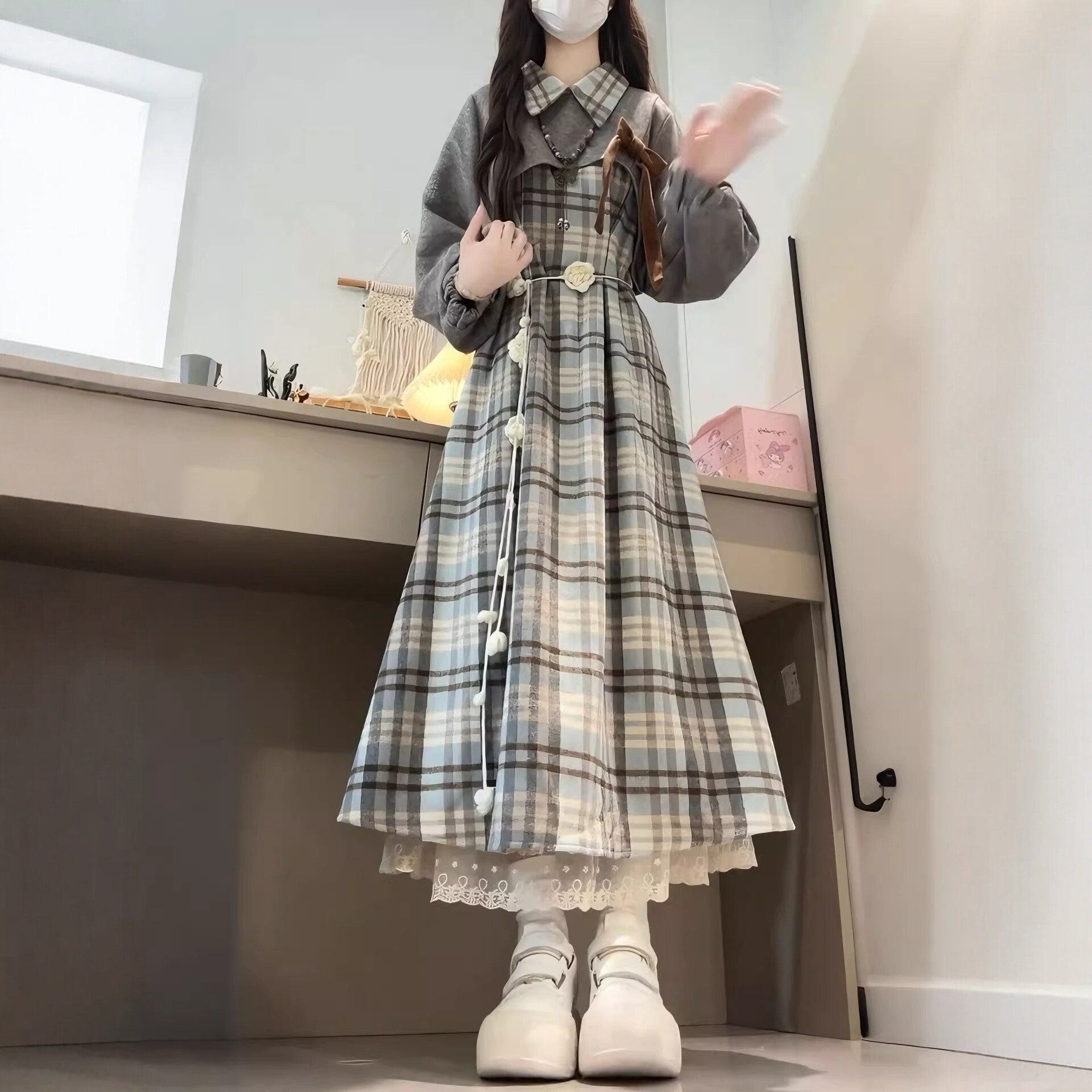 格纹洋装女小个子秋冬长图片