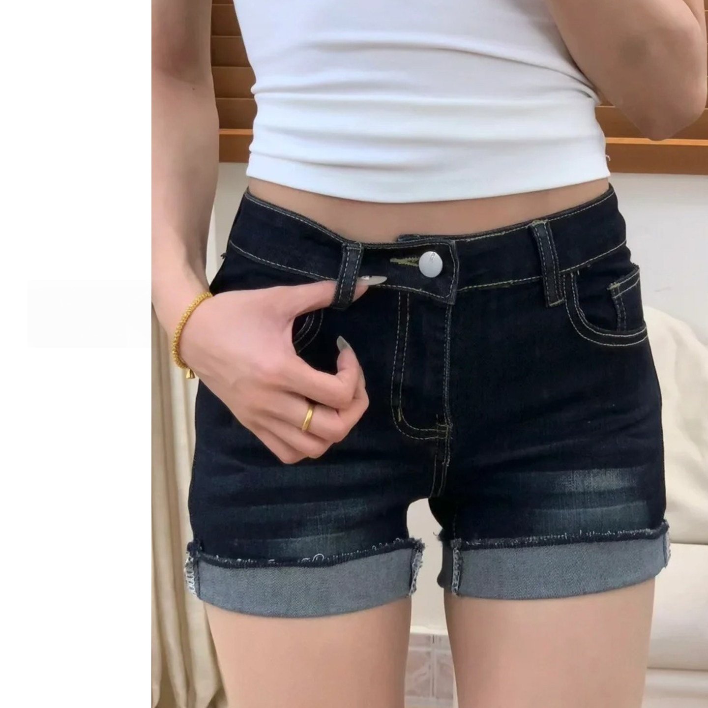 深蓝色牛仔短裤女夏季薄