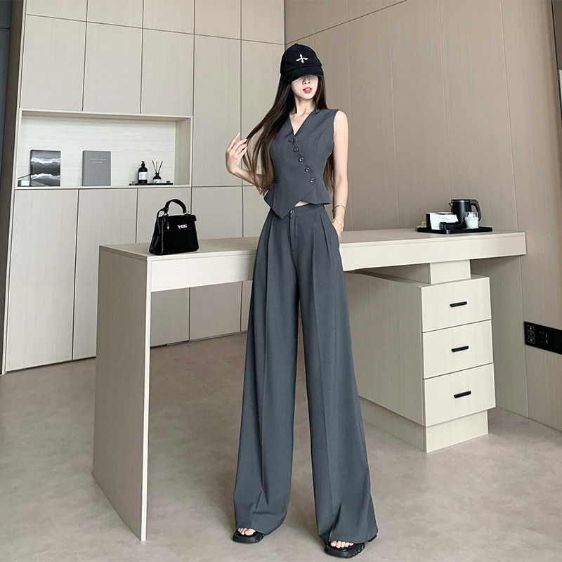 灰色高级感套装女2025夏季时尚气质西装马甲高腰阔腿裤休闲两件套