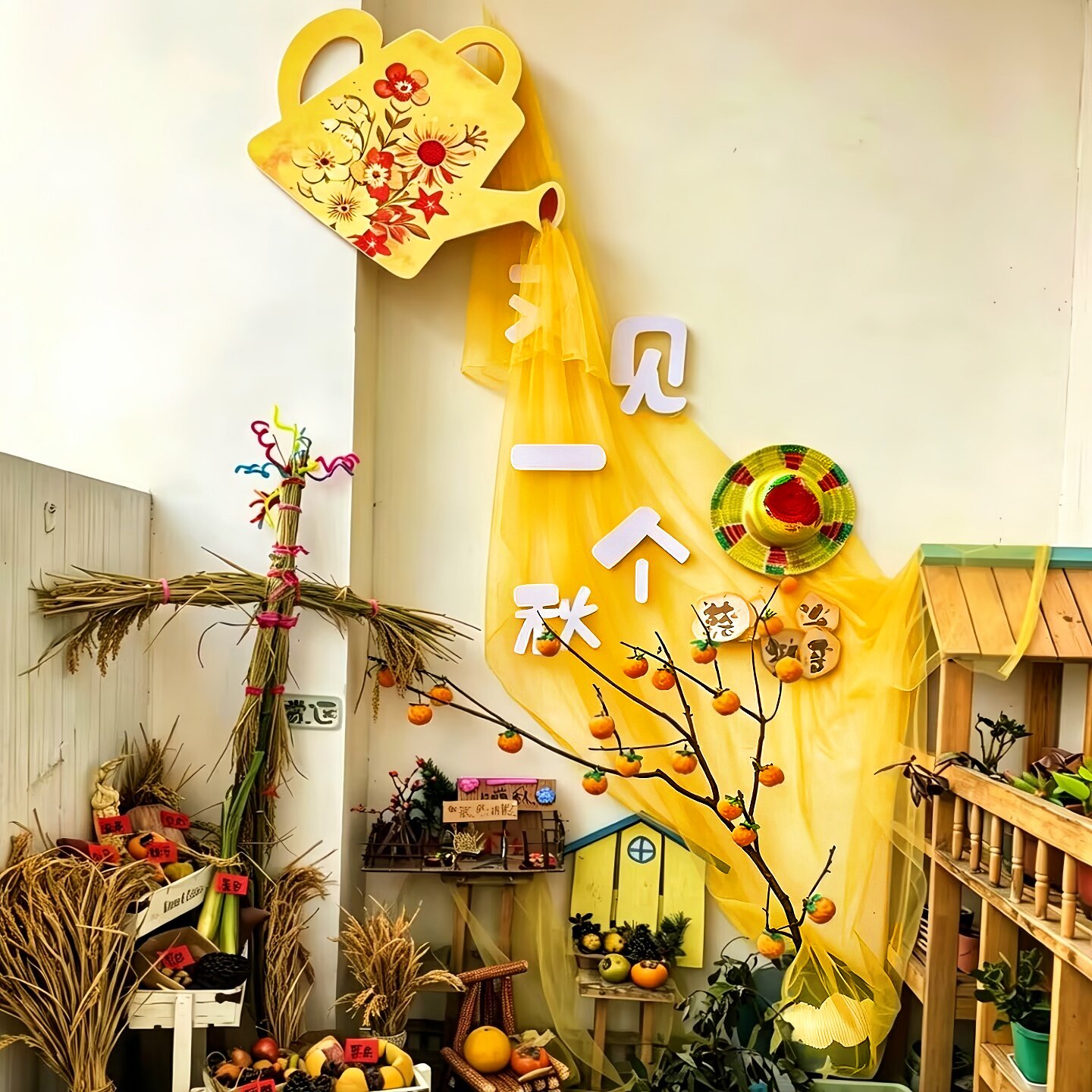幼儿园秋季主题环创吊饰橘色纱幔自然角晒秋收布置材料墙饰倒流纱
