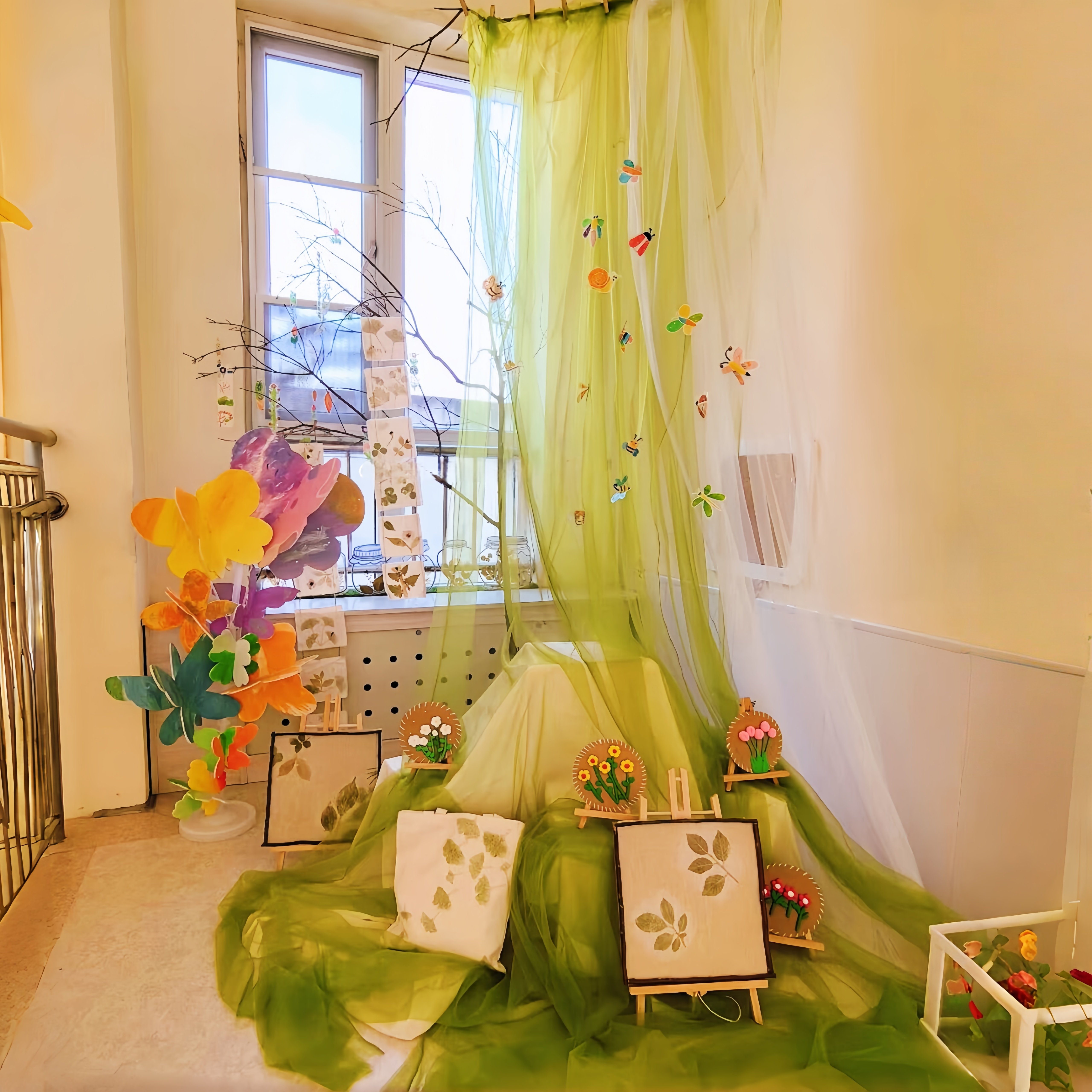 新中式绿色纱幔幼儿园春季自然角环创装饰植物角吊顶瀑布网纱布料