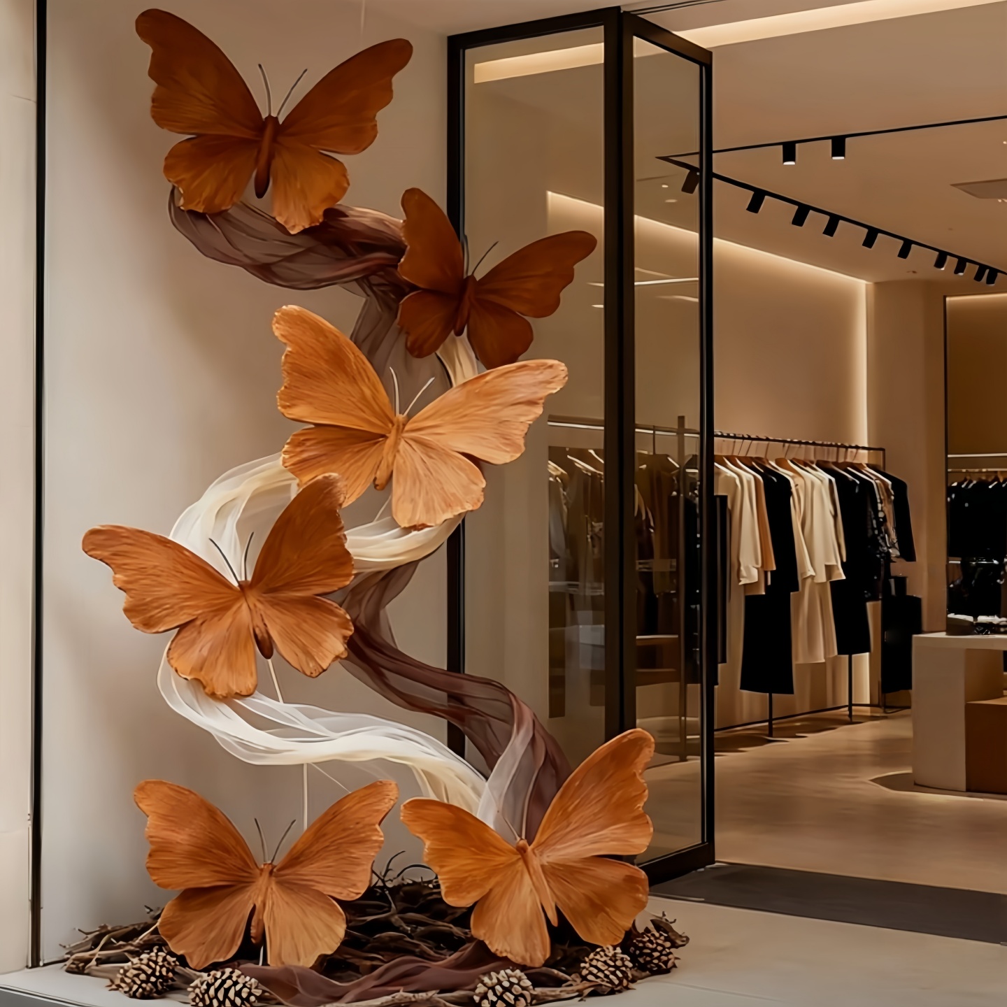 立体仿真蝴蝶秋季枯叶蝴蝶花艺装置店铺橱窗秋天氛围感美陈道具